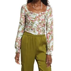 New OPEN EDIT NORDSTROM Women's Blue Green Ripple Ruched Crop Top Size L